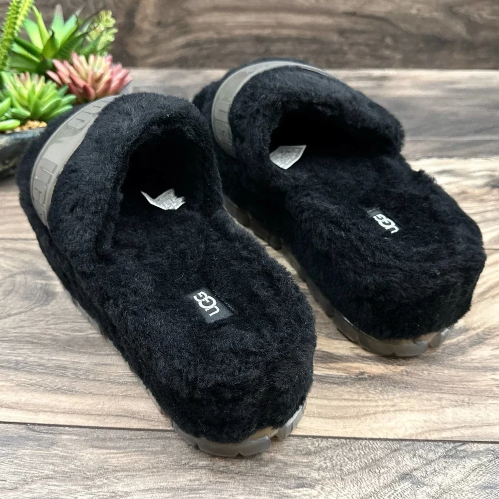 NIB UGG Australia Fluffita 9 40 Black Clear Platform Slide Slipper Sandals - Picture 7 of 12